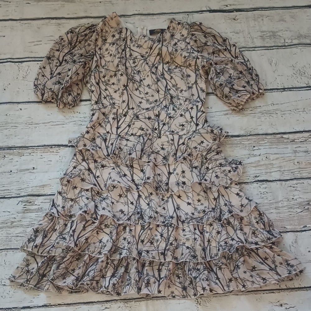 Angelic Chic Collection Pink Black Floral Star Print Puff Sleeve Fairy Dress M